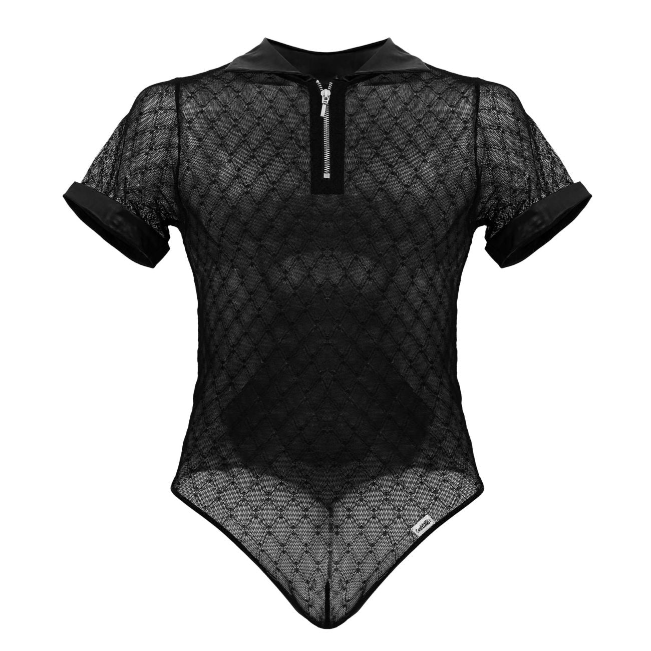 CandyMan 99902 black geometric mesh bodysuit with short sleeves collar and front zipper in breathable mesh fabric