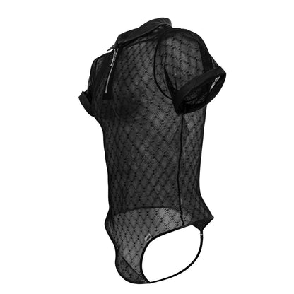 Black candyMan 99902 geometric mesh bodysuit with short sleeves collar and side zipper detail