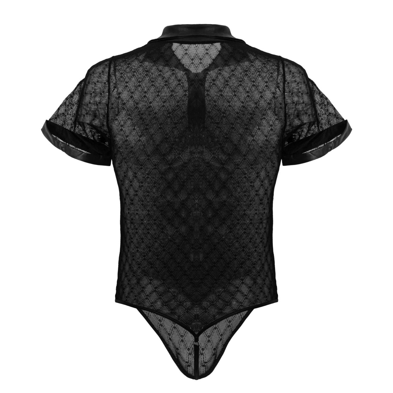 Black sheer lace bodysuit with short sleeves collar in geometric mesh design by CandyMan 99902 color black