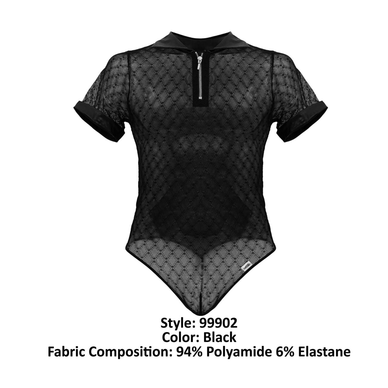 Black sheer mesh bodysuit with collar short sleeves and front zipper candyMan 99902 geometric mesh in black