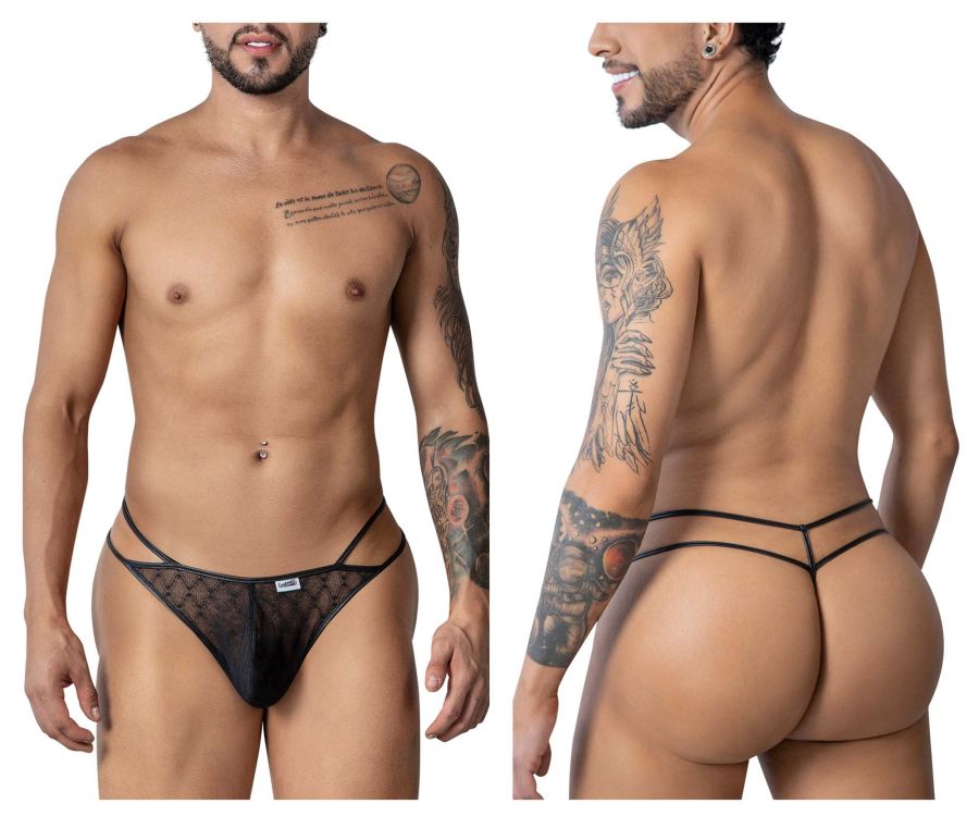 Black sheer lace thong with thin elastic straps from candyman 99903 geometric mesh thongs collection