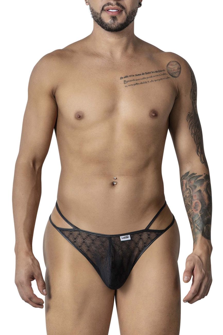 Black lace thong CandyMan 99903 with subtle diamond pattern and thin side straps in color black