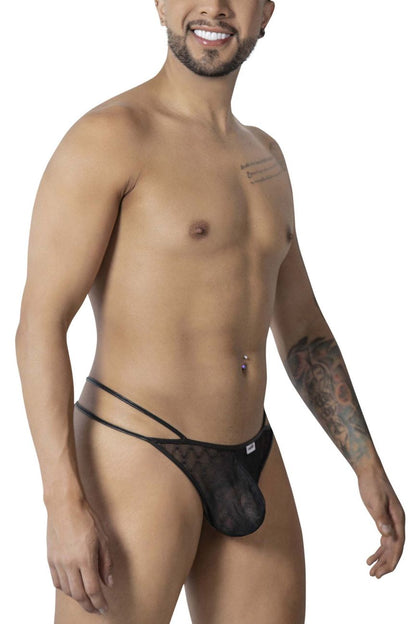 CandyMan 99903 geometric mesh thong in black featuring sheer lace with solid front panel and adjustable side straps