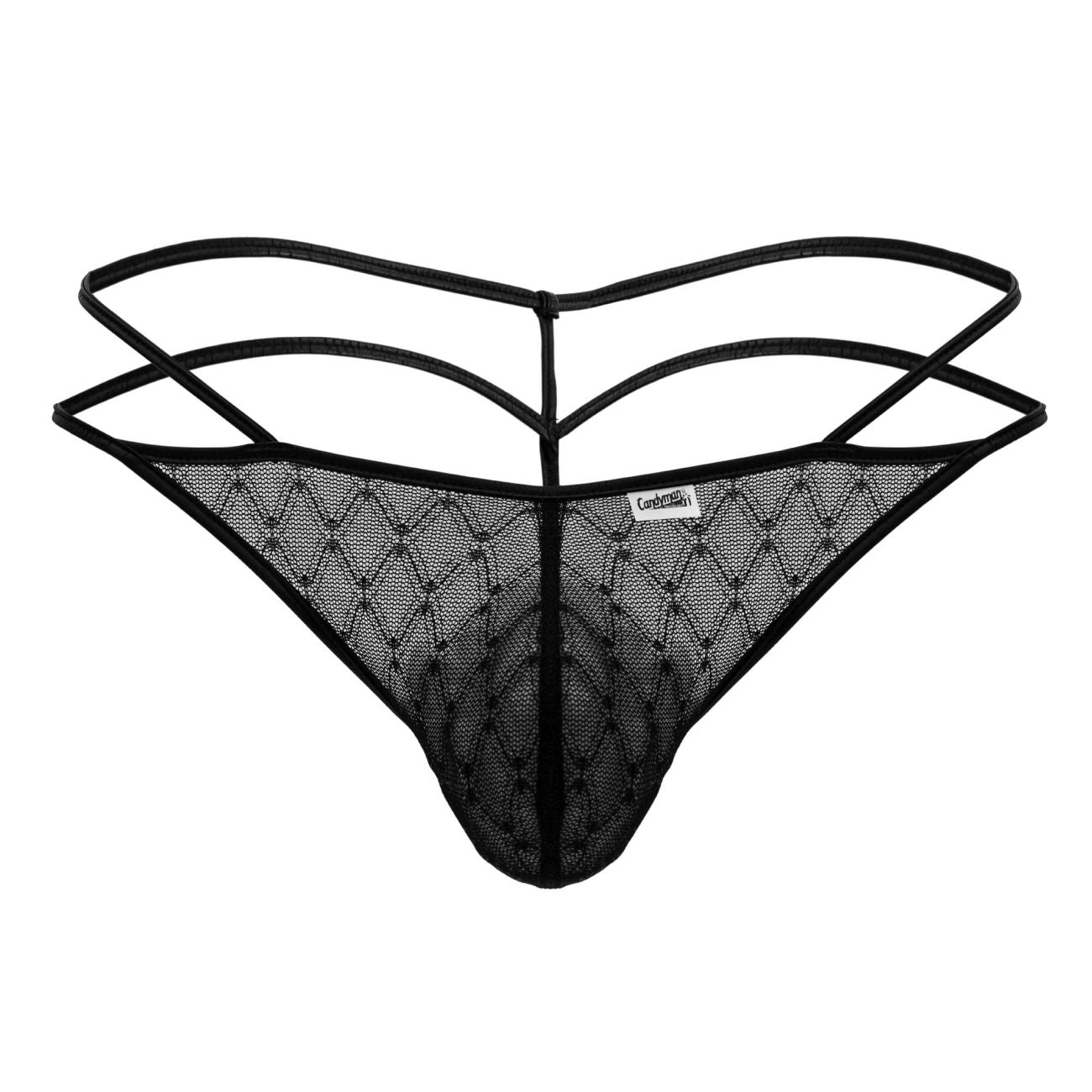 Black CandyMan 99903 geometric mesh thong with diamond pattern and three intersecting elastic straps visible from back