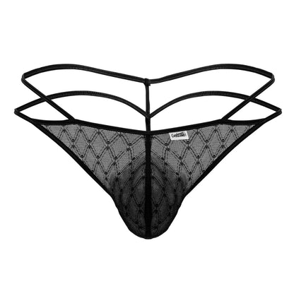 Black CandyMan 99903 geometric mesh thong with diamond pattern and three intersecting elastic straps visible from back