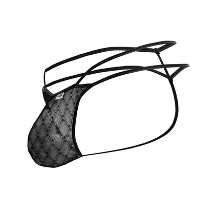 Black CandyMan 99903 geometric mesh thong with diamond pattern and thin adjustable straps front view