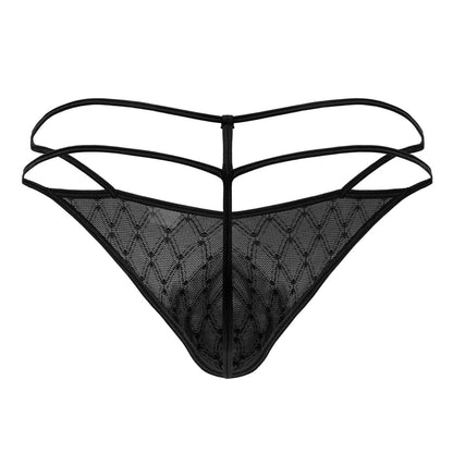 Black lace thong candy man 99903 with diamond patterned mesh and thin overlapping straps shown from the back