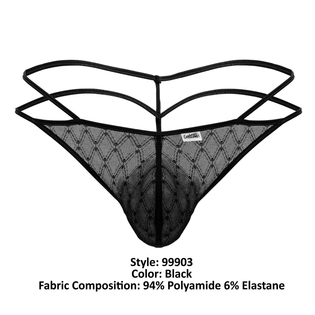 Black lace thong candyMan 99903 with diamond-patterned mesh and three adjustable straps in black shown from the back side