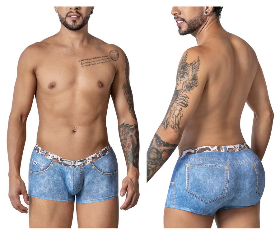 Blue denim style men’s briefs candyMan 99904 cowboy trunks with leopard print waistband and stitching details
