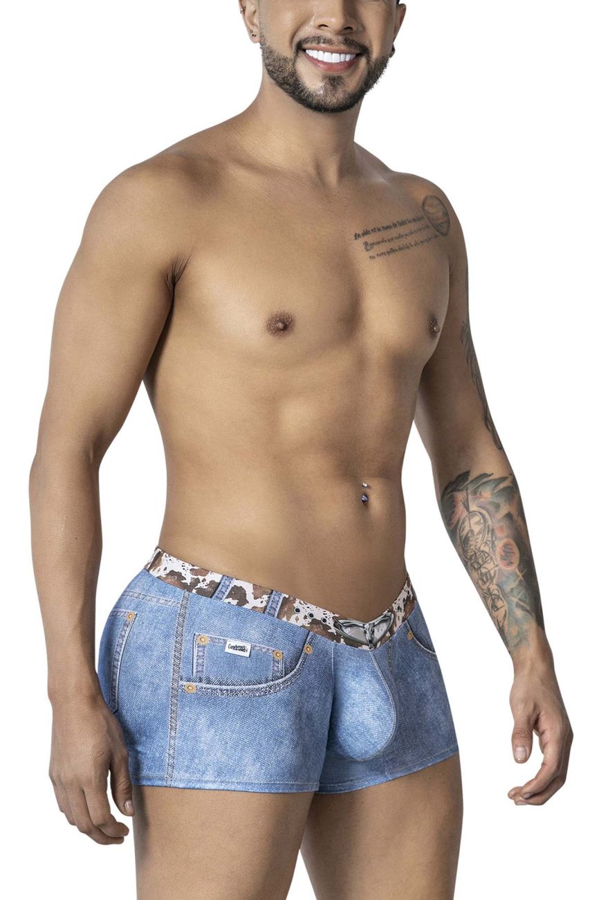Blue denim candyMan 99904 cowboy trunks men’s briefs with leopard-print waistband and front pocket