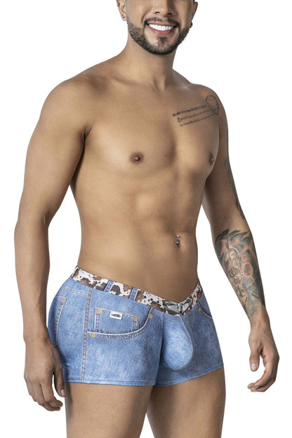 Blue denim candyMan 99904 cowboy trunks men’s briefs with leopard-print waistband and front pocket