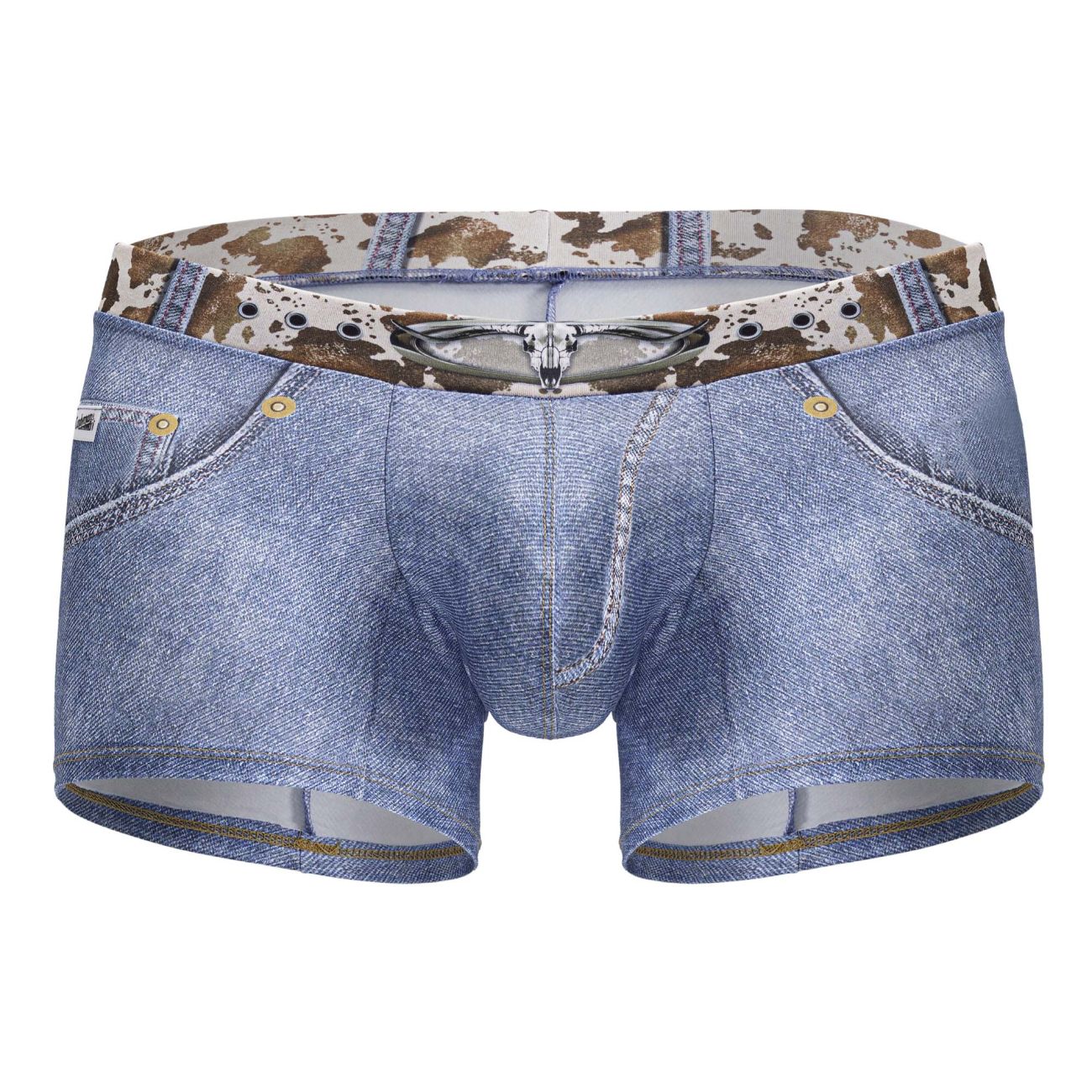 Mens candyMan 99904 cowboy trunks denim blue boxer briefs with cow print waistband and silver skull zipper detail