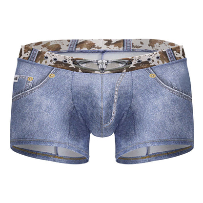 Mens candyMan 99904 cowboy trunks denim blue boxer briefs with cow print waistband and silver skull zipper detail