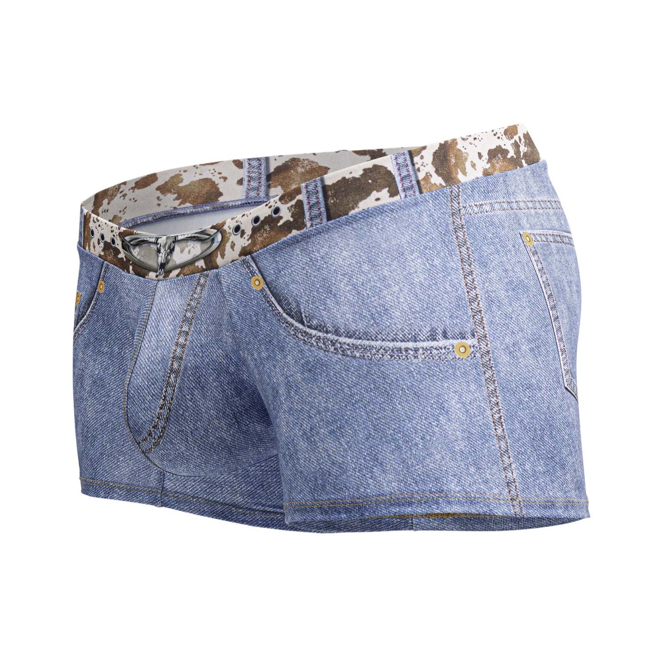 Light blue denim CandyMan 99904 cowboy trunks with a cow print belt and silver buckle for casual wear