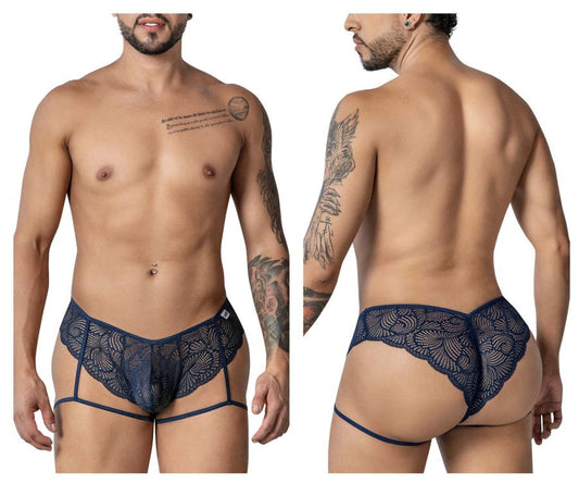 Navy blue candyMan 99905 garter lace briefs for men with intricate floral patterns and a supportive contoured design