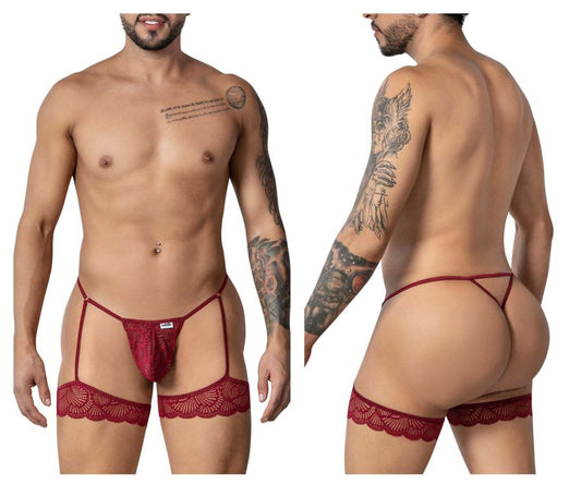 Red lace garter belt with matching thong featuring decorative scalloped edges in burgundy by candyman