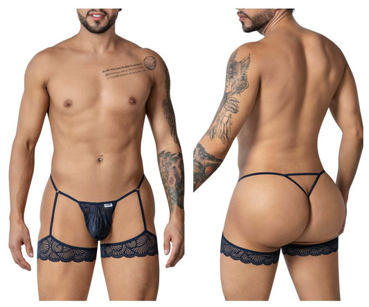 Navy black lace garter belt with matching thong and leg straps from Candyman 99906 lingerie set