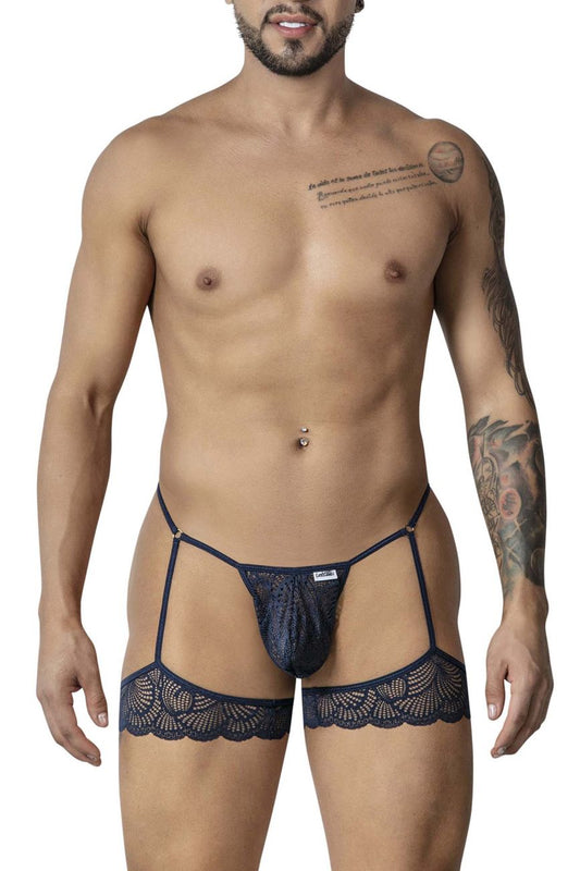 Dark blue lace garter belt with intricate floral patterns and adjustable straps from candyman 99906 thongs in navy