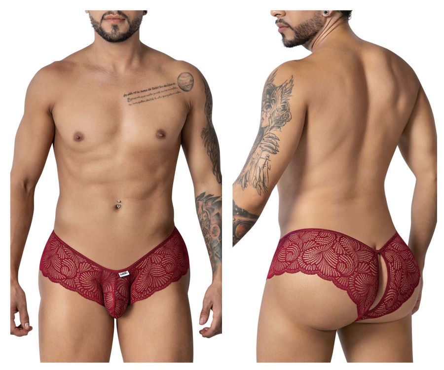 CandyMan 99907 burgundy red lace men’s trunks with scalloped edge and open back design shown from the back side