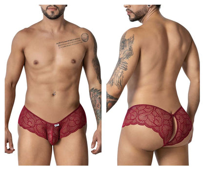 CandyMan 99907 burgundy red lace men’s trunks with scalloped edge and open back design shown from the back side