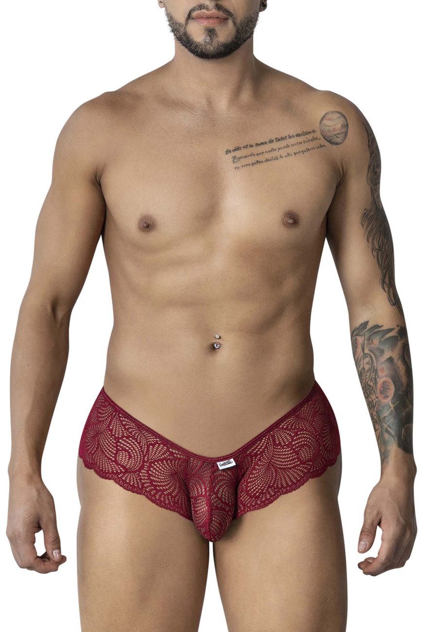 CandyMan 99907 burgundy lace trunks featuring red floral pattern and central pouch design for men