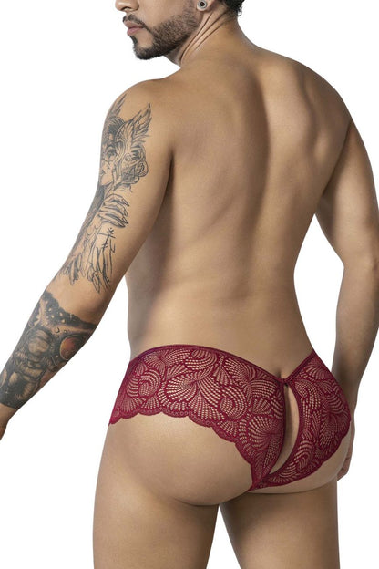 CandyMan 99907 lace trunks in burgundy featuring delicate floral lace briefs with an open back design shown from back