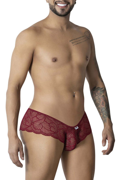 Burgundy red lace mens underwear with scalloped edge and intricate pattern candyMan 99907 lace trunks