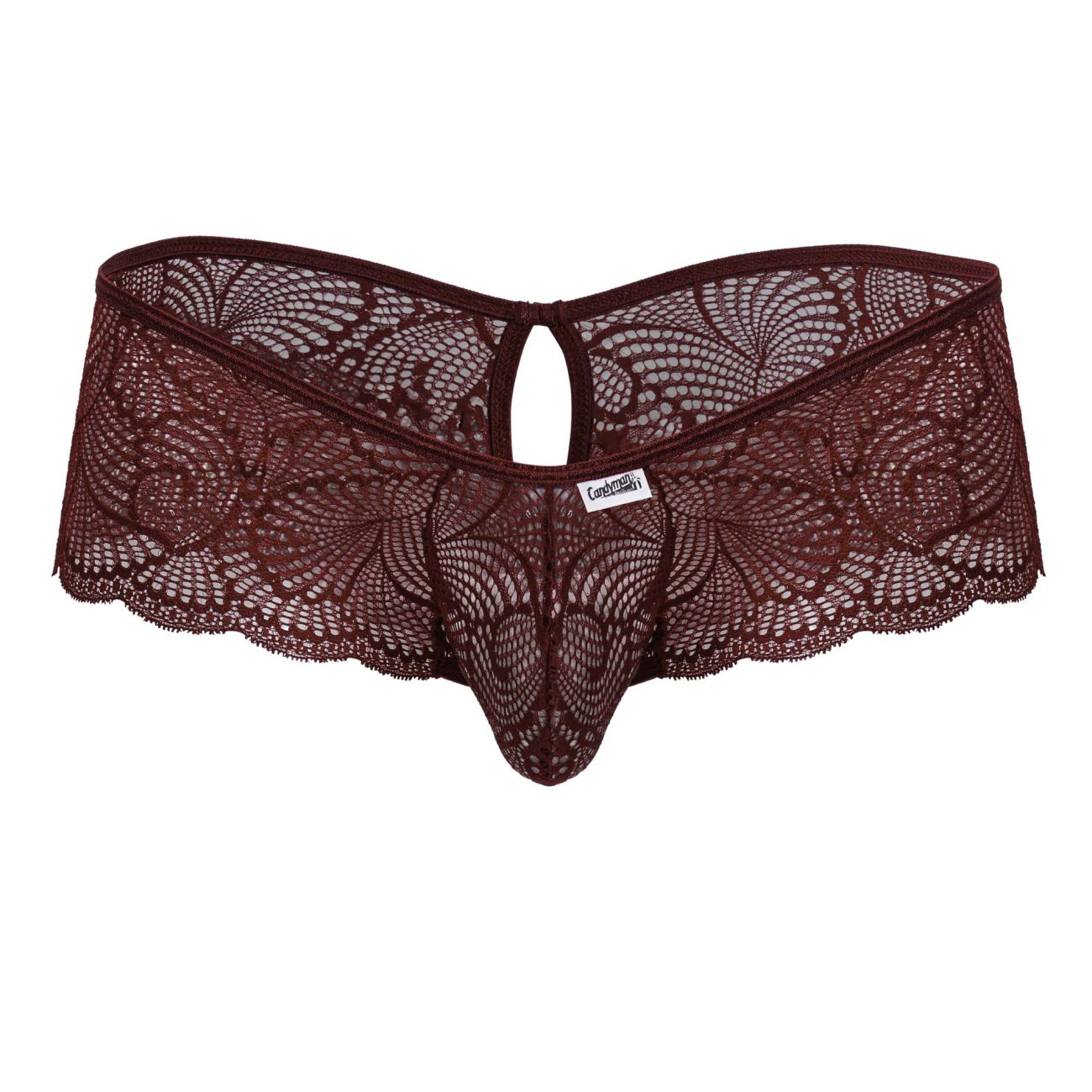 CandyMan 99907 burgundy lace thong with intricate floral patterns and scalloped edges for stylish underwear wear
