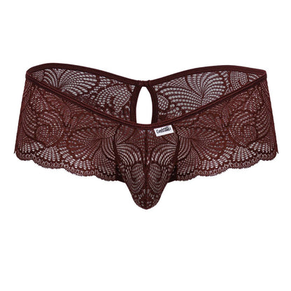CandyMan 99907 burgundy lace thong with intricate floral patterns and scalloped edges for stylish underwear wear