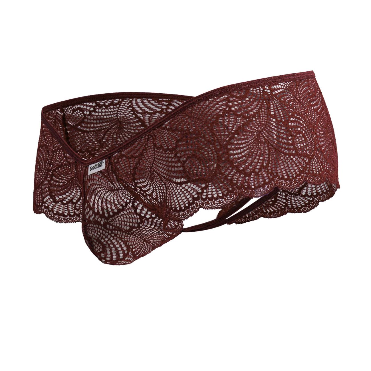 CandyMan 99907 lace trunks in burgundy featuring intricate floral patterns and scalloped edges in lace material
