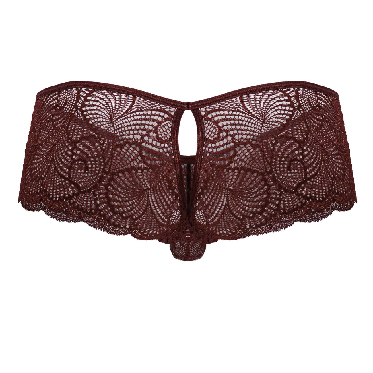 CandyMan 99907 lace trunks in burgundy featuring maroon lace thong with intricate floral patterns and scalloped edges