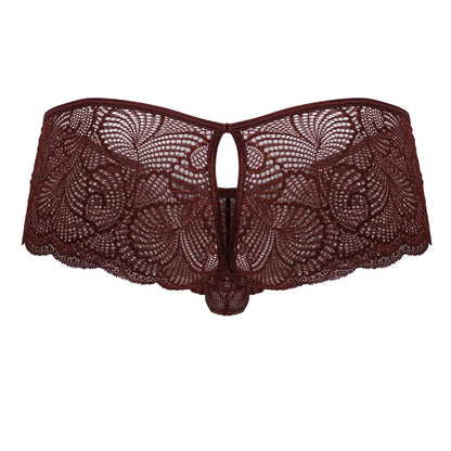CandyMan 99907 lace trunks in burgundy featuring maroon lace thong with intricate floral patterns and scalloped edges
