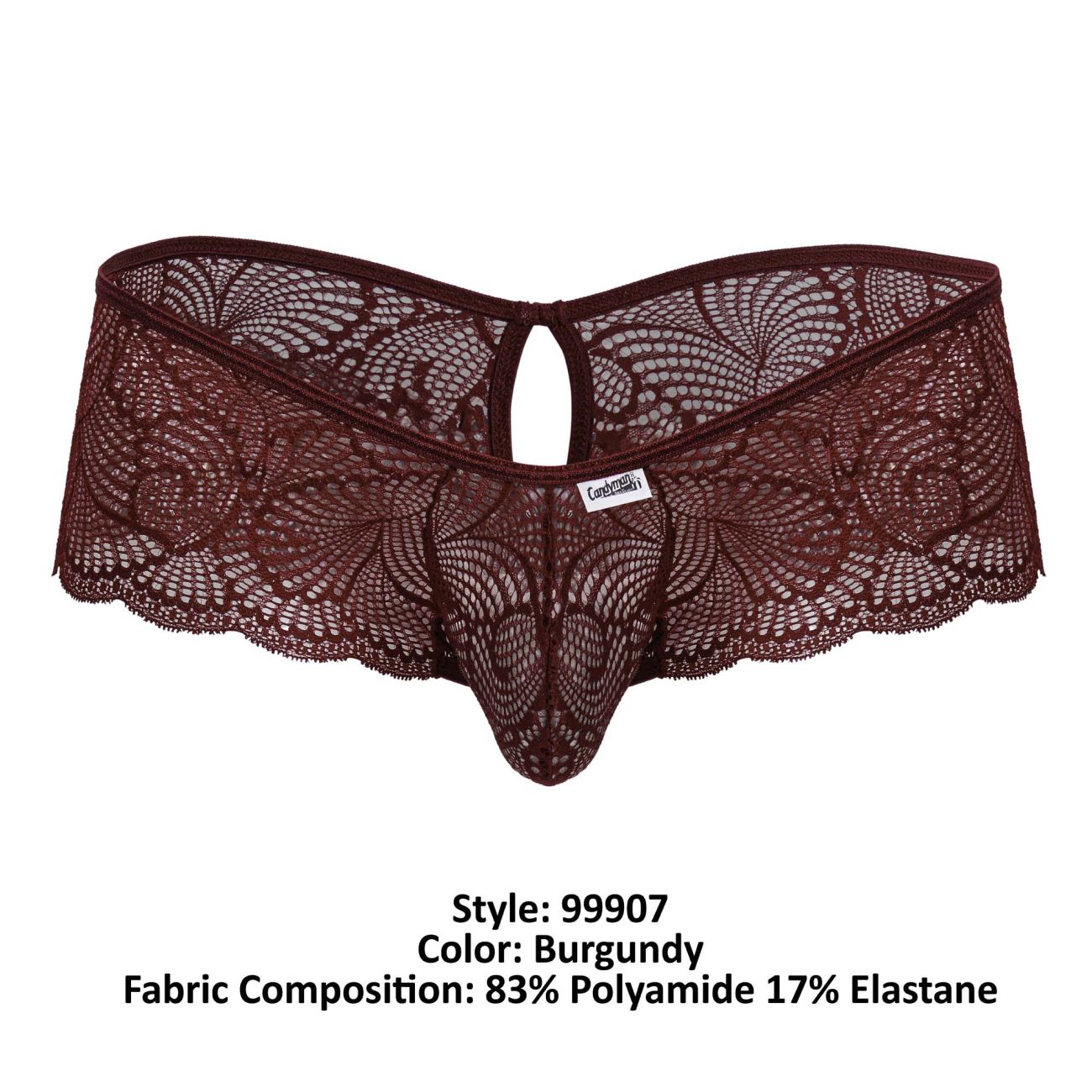 CandyMan 99907 lace trunks in burgundy featuring intricate floral patterns and a central cutout design