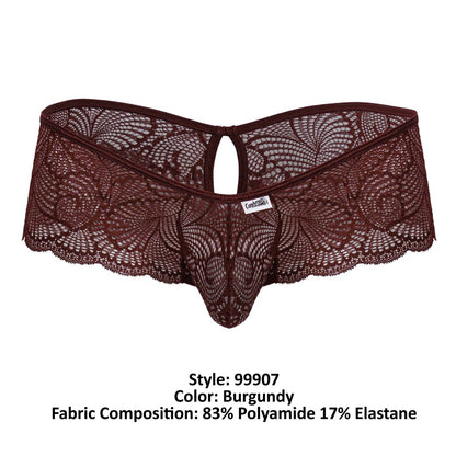 CandyMan 99907 lace trunks in burgundy featuring intricate floral patterns and a central cutout design