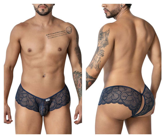 CandyMan 99907 lace trunks navy men’s underwear with intricate floral lace and scalloped edge design