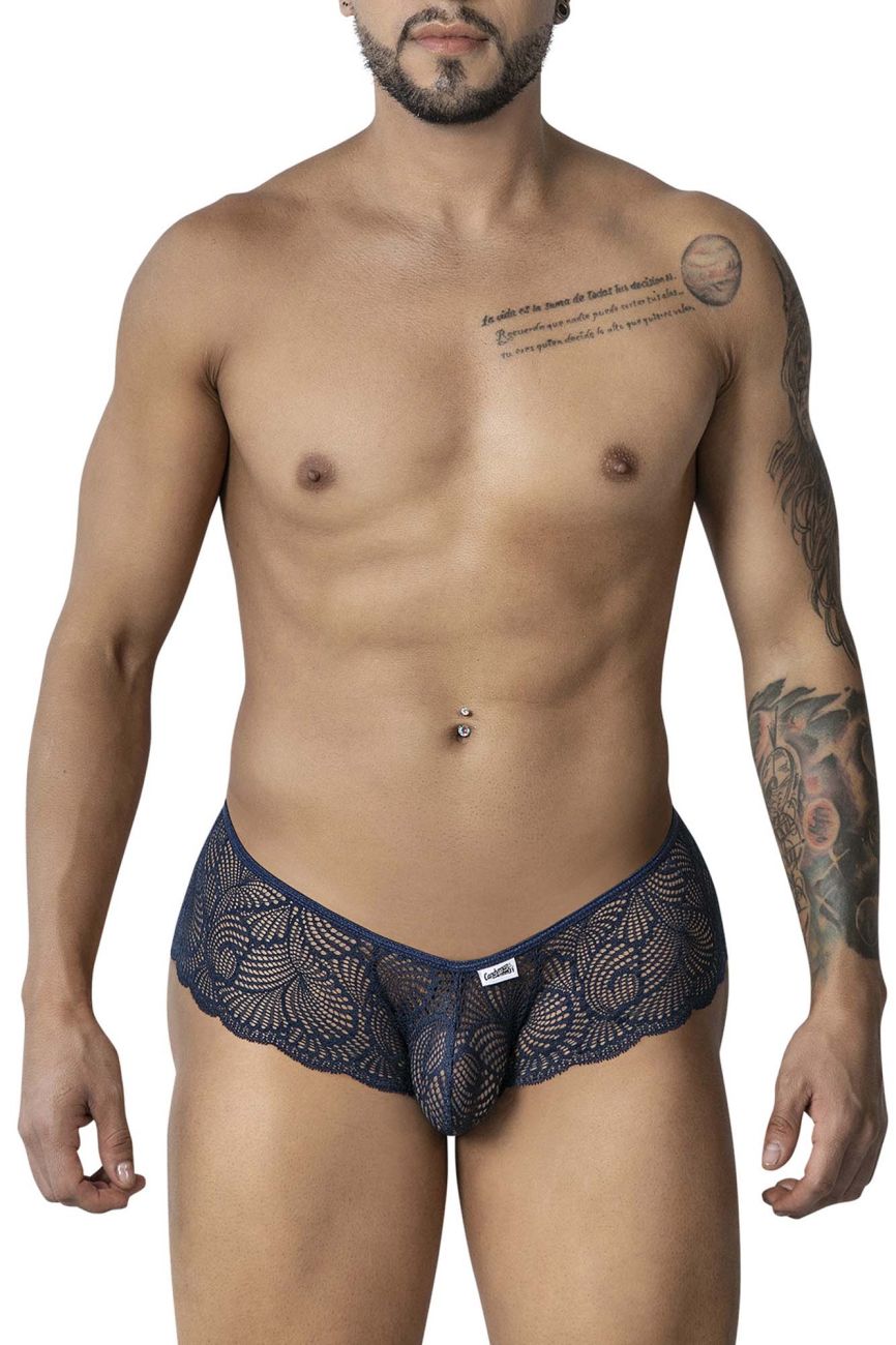 Navy blue lace men’s trunks with intricate floral pattern and brand tag on waistband candyMan 99907 lace trunks color navy