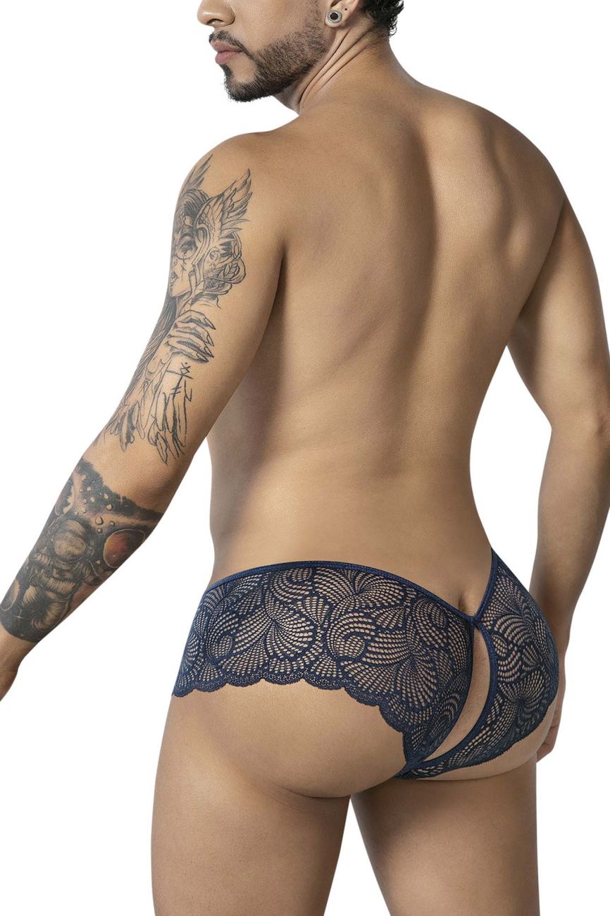 CandyMan 99907 lace trunks in navy featuring dark blue lace with scalloped edge and cutout design