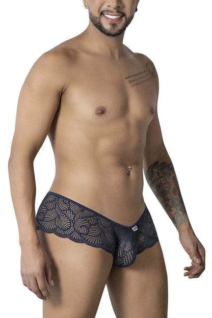CandyMan 99907 lace trunks in navy featuring dark blue lace with intricate floral patterns and scalloped edge