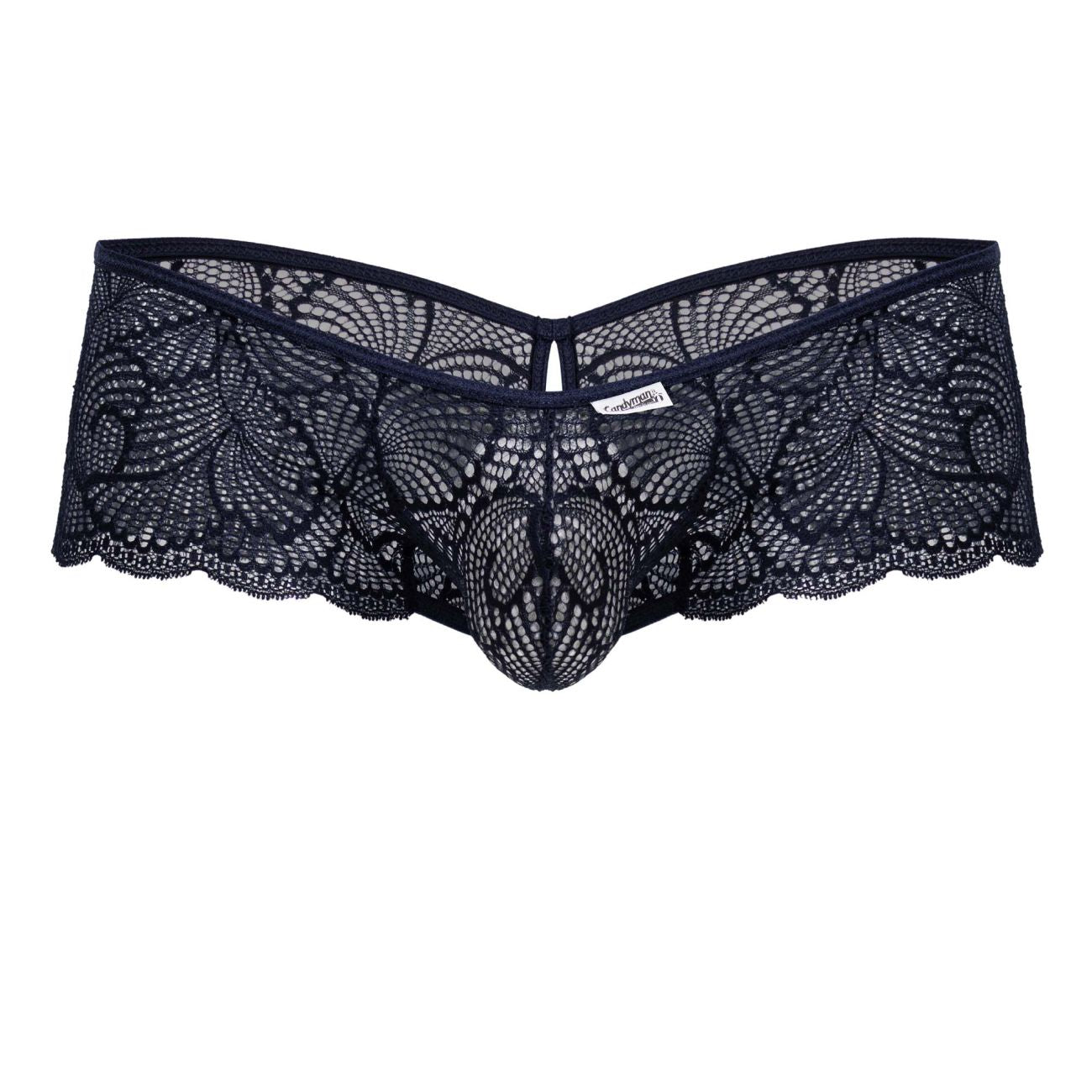 Navy candyman 99907 lace trunks with black lace floral patterns and central mesh design for men