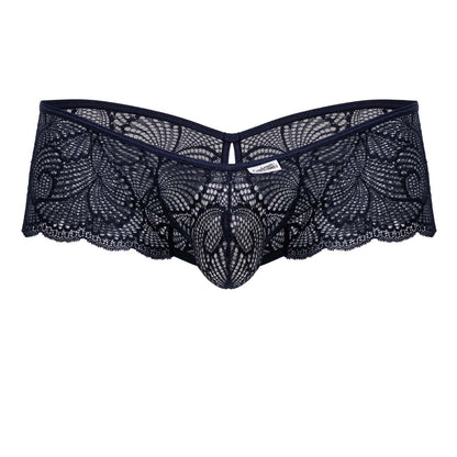 Navy candyman 99907 lace trunks with black lace floral patterns and central mesh design for men