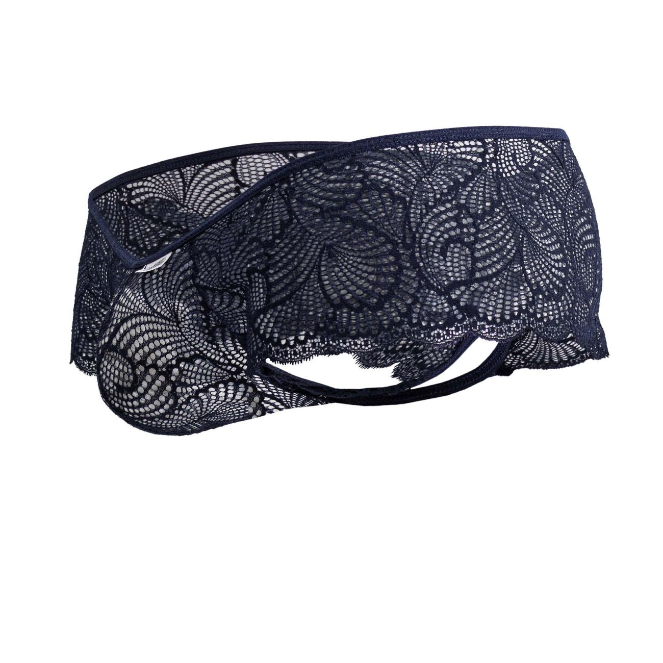 CandyMan 99907 lace trunks in navy featuring intricate floral patterns and delicate sheer fabric design