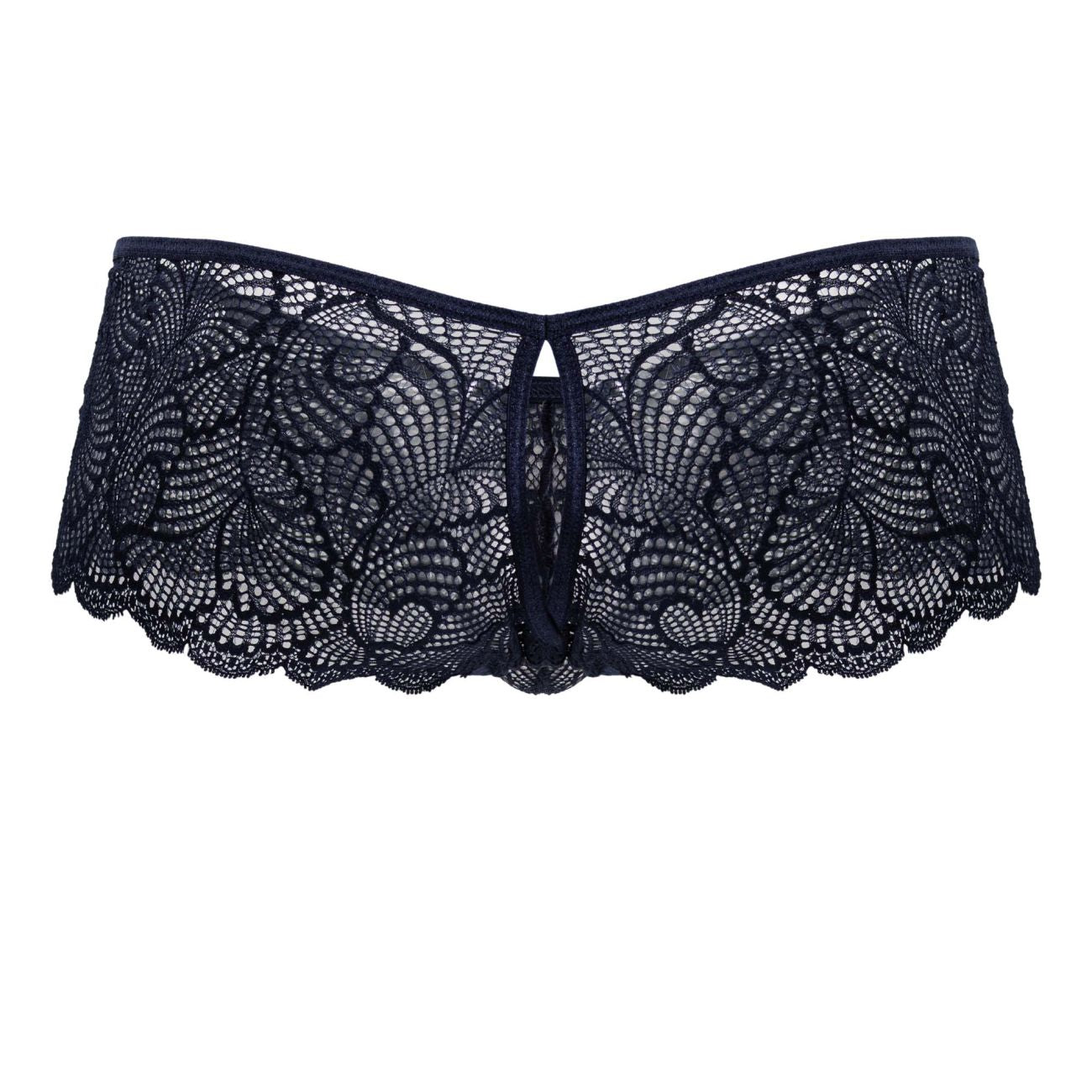Navy candyman 99907 lace trunks featuring black lace with intricate floral patterns and scalloped edges