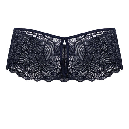 Navy candyman 99907 lace trunks featuring black lace with intricate floral patterns and scalloped edges