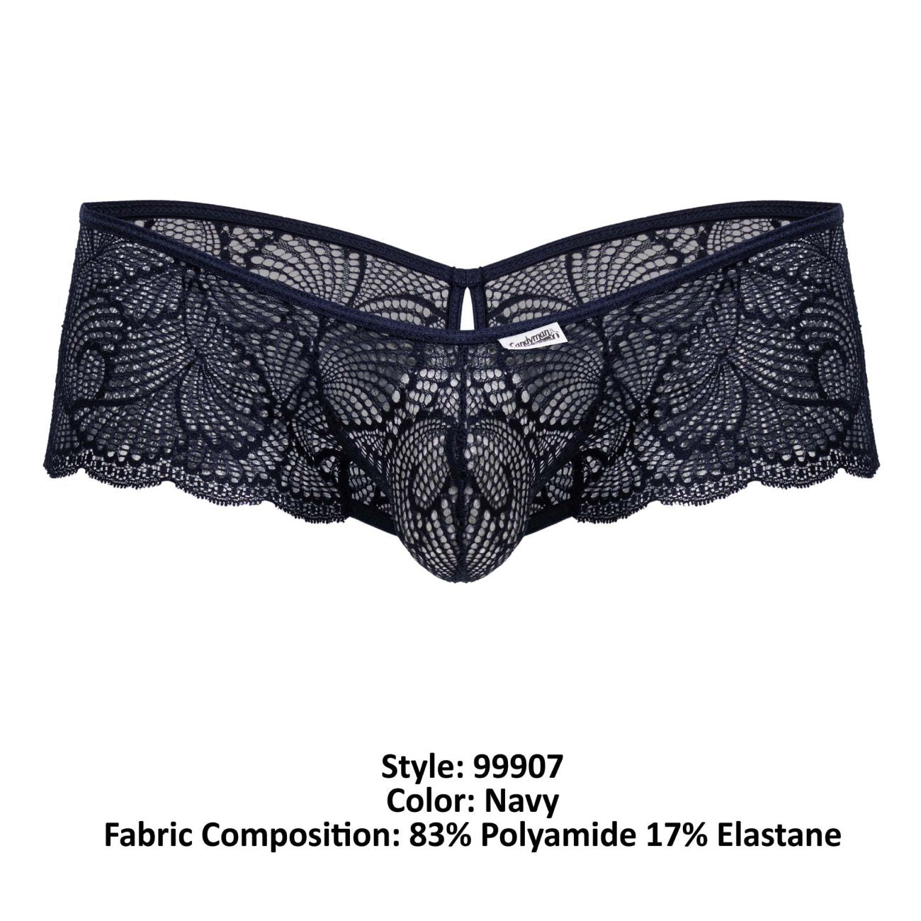 CandyMan 99907 lace trunks in navy featuring intricate floral patterns and a central mesh design for men