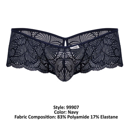 CandyMan 99907 lace trunks in navy featuring intricate floral patterns and a central mesh design for men