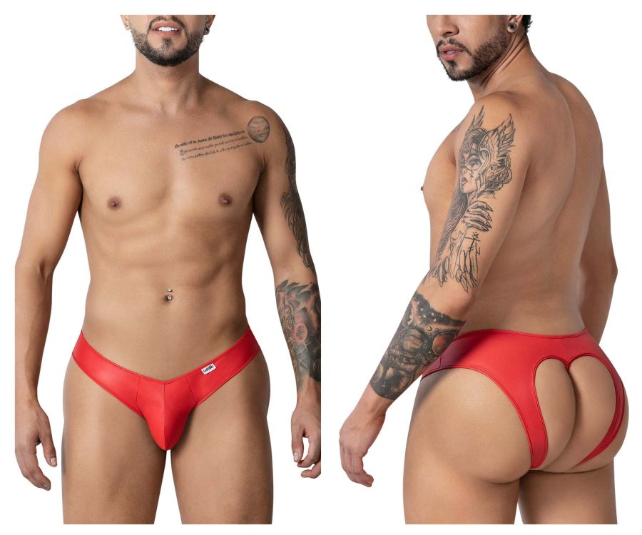 Red candyMan 99908 heart briefs showing the back with a glossy finish and distinctive cutout design