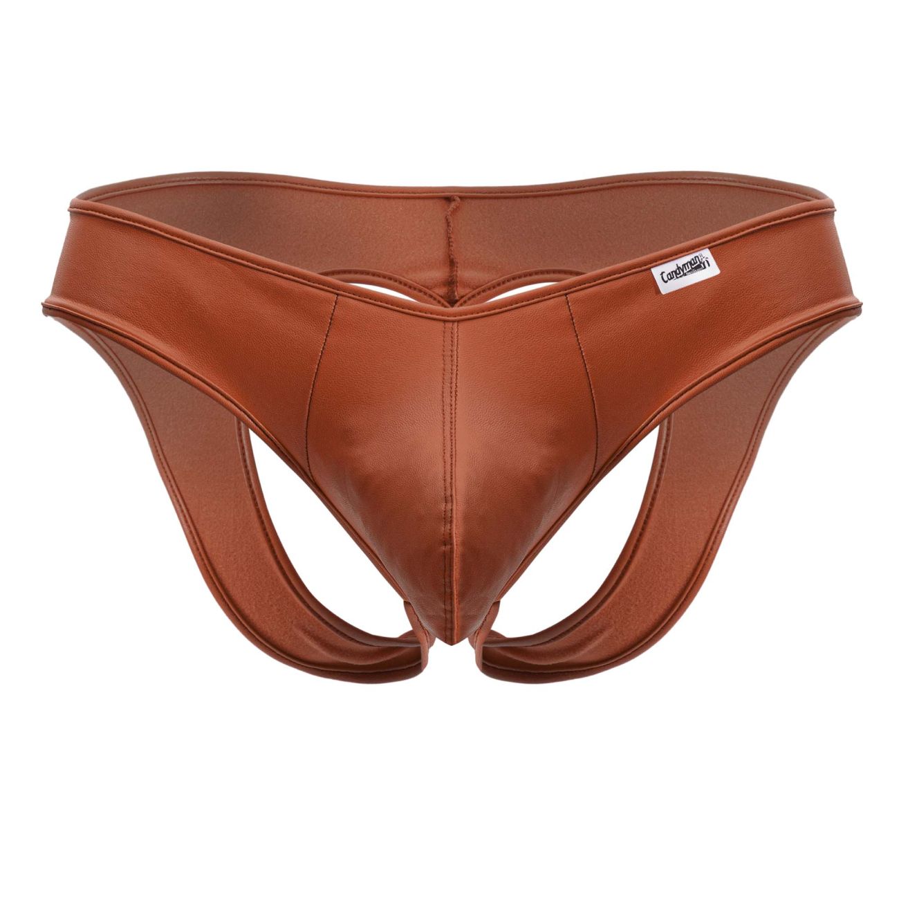 CandyMan 99908 heart briefs in red with brown faux leather thong and sleek contoured design with subtle stitching details
