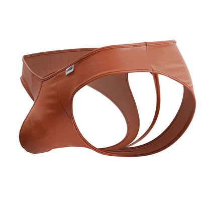 Brown faux leather briefs with sleek contoured design and three curved cutouts from candyman 99908 heart briefs red