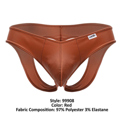 Red faux leather briefs with a sleek contoured design and subtle CandyMan brand tag on the waistband