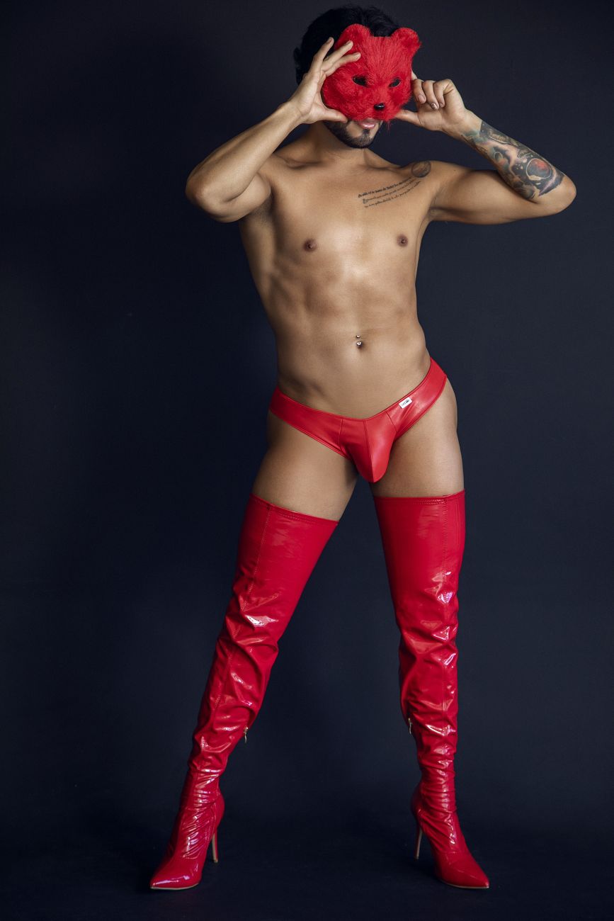 Red glossy latex devil mask featured with candyMan 99908 heart briefs in red color for costume use